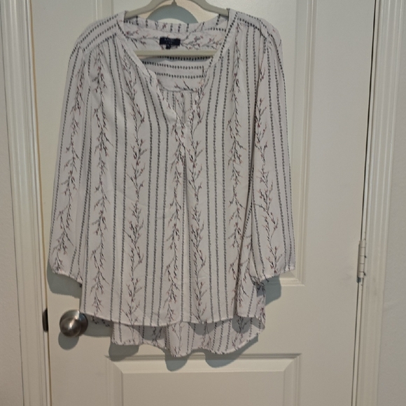 Kaari Blue Tops - Kaari Blue White 3/4 Sleeve Blouse with Mandarin Collar